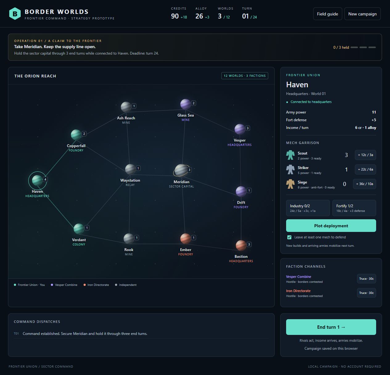 Border Worlds sector map showing connected planets and rival factions